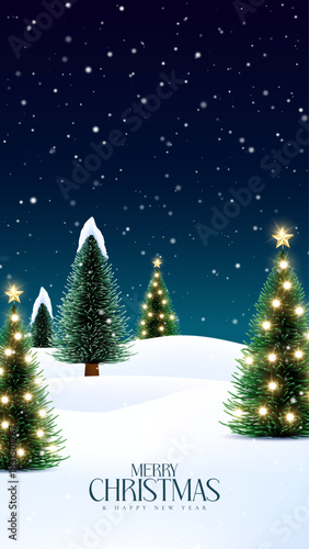 Christmas ornaments with snowy scenes and glowing festive winter trees. Merry Christmas wish snowy background. Snowdrifts. Snowfall Cold weather. Winter season