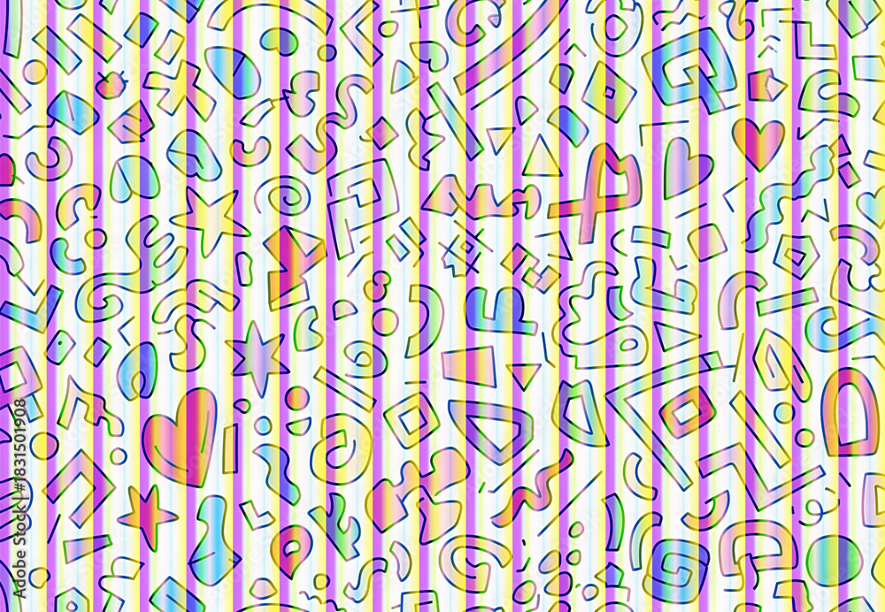 Naklejka premium Playful abstract background with a chaotic mix of colorful hand-drawn doodles and vibrant vertical stripes, creating a dynamic and modern digital art pattern