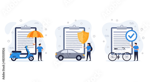 Comprehensive Vehicle Insurance Protection Concept Flat Vector Illustration. People Securing Scooter, Car, and Bicycle Coverage Policies with Symbolic Safeguards