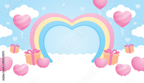 cute kawaii style heart shape rainbow arch backdrop with lovely heart balloons and gift boxes on cloud floor background illustration vector