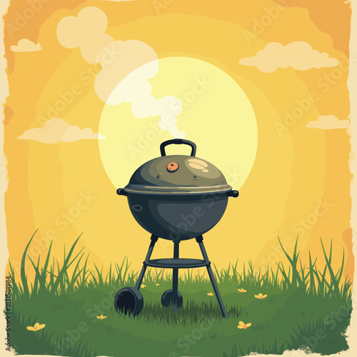 Sunset BBQ Grill with Rising Smoke in Summer Meadow – Outdoor Cooking Illustration