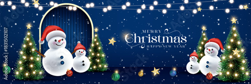 Christmas ornaments with snowy scenes and glowing festive winter trees. Merry Christmas wish snowy background. Snowdrifts. Snowfall Cold weather. Winter season with 3D cheerful snowman.