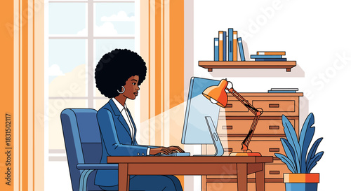 Flat vector illustration of a focused woman working on her computer at a desk in a home office environment