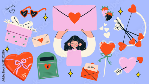 Cute set of stickers for Valentines day. Girl with big envelope, letter box, bow with arrows, gift box, sweets.  Flat vector illustration.