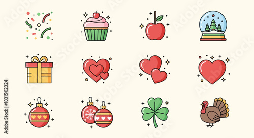 Collection of festive icons and symbols for celebrations and events