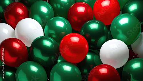 A vibrant pile of shiny red green and white balloons creating a festive background.