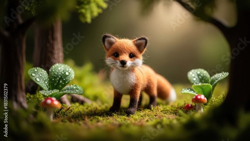 Cute Toy Fox Figurine in Enchanted Forest Setting with Mushrooms
