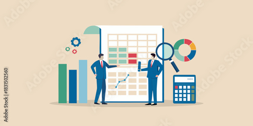 Businessmen analyzing financial data and charts with magnifying glass and calculator