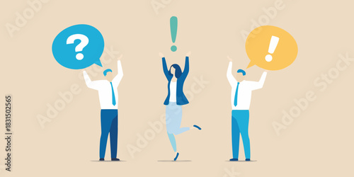 People holding question and exclamation marks in speech bubbles