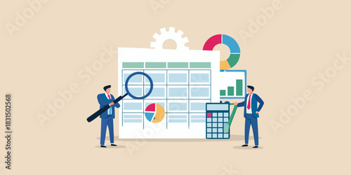 Businessmen analyzing financial data with charts and calculator