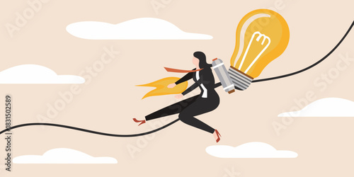 Businesswoman with a lightbulb jetpack soaring through the clouds