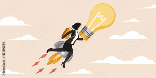 Businesswoman flying with a lightbulb rocket for new ideas and innovation