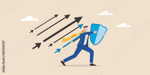 Businessman with shield defending against incoming arrows and challenges