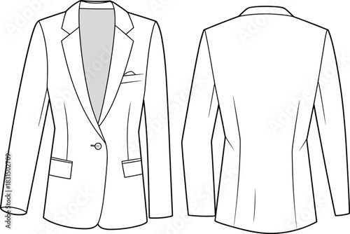 Women's single breasted blazer technical sketch, flat vector illustration front and back, fashion CAD design, tailored jacket with pockets