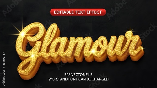 Golden glitter 3d text effect for the word glamour with sparkling light effect on a dark background, editable text style template