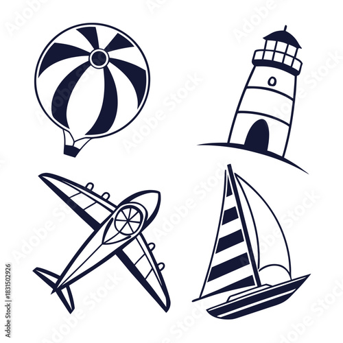 Four dark blue travel icons on white background hot air balloon