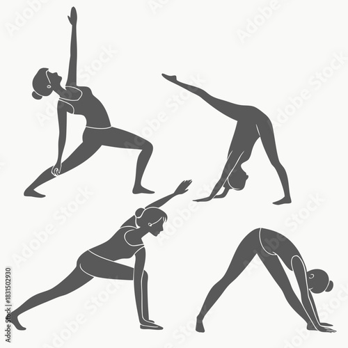 Four dark grey yoga pose silhouettes on white background