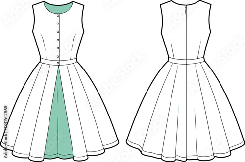Women's sleeveless flare dress fashion flat, button front with contrast inner pleat, cad technical sketch, vector garment template illustration