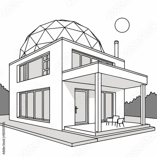 Geometric dome roof house with patio and chairs building