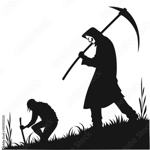 Grim reaper silhouette with scythe and person in grass