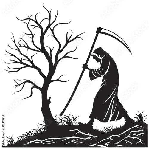 Grim Reaper silhouette with scythe and bare tree death 1