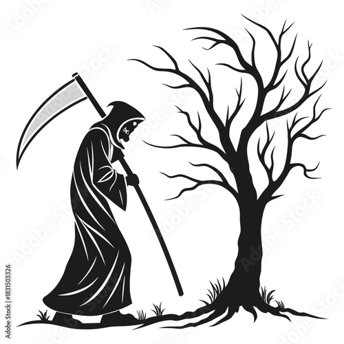 Grim Reaper silhouette with scythe and bare tree death