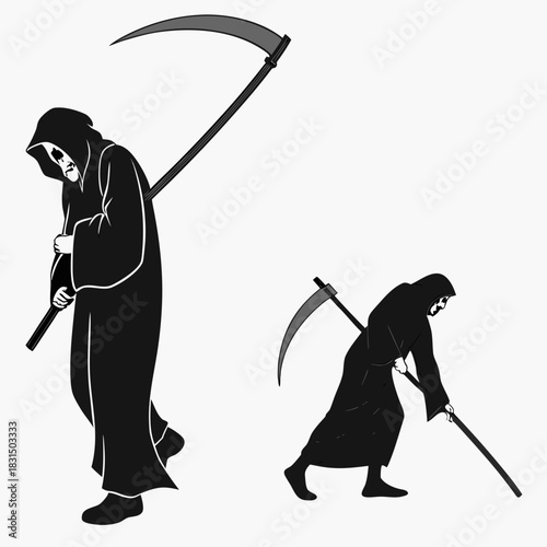 Grim reaper silhouettes with scythes on white background