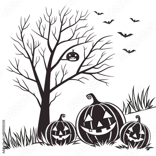 Halloween pumpkins and bare tree silhouettes with flying bats