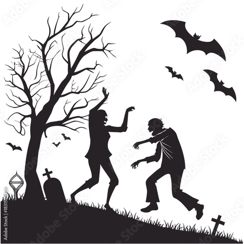 Halloween graveyard scene with dancing figures and bats