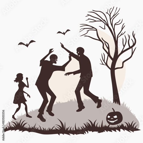 Halloween silhouettes of people dancing with bats and pumpkin