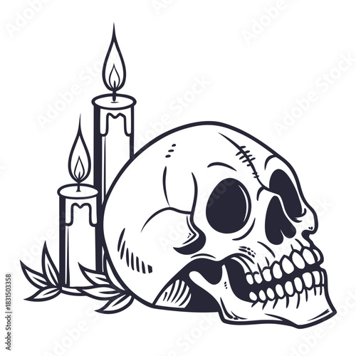Halloween skull and lit candles silhouette with leaves
