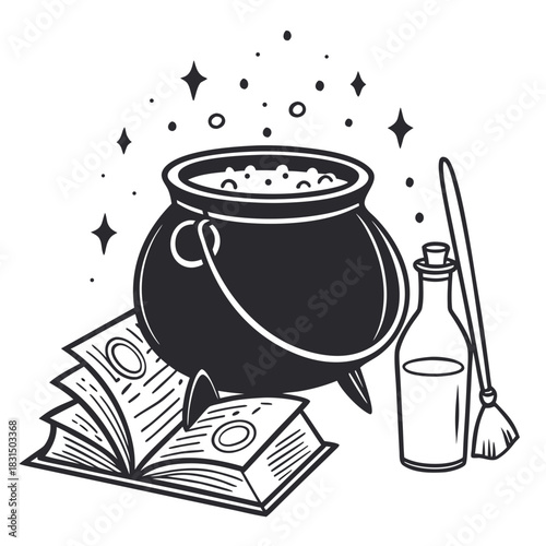 Halloween Witches Cauldron With Potion Bottle And Spell Book