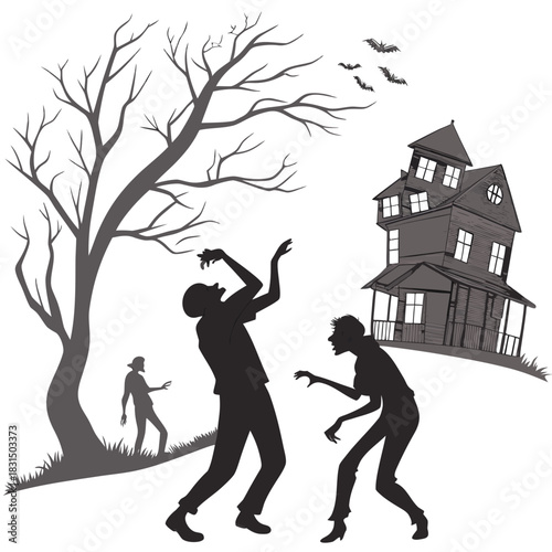 Halloween zombies dancing near haunted house and bare tree