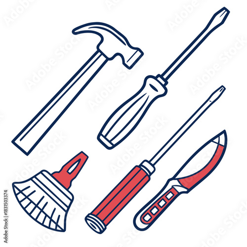 Hammer screwdriver brush and utility knife icons tool
