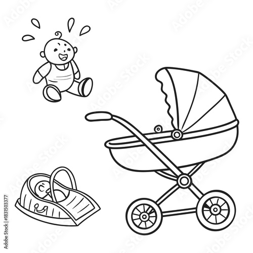 Hand drawn baby and stroller vector elements carriage