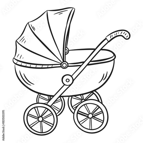 Hand drawn baby carriage doodle outline stroller pram