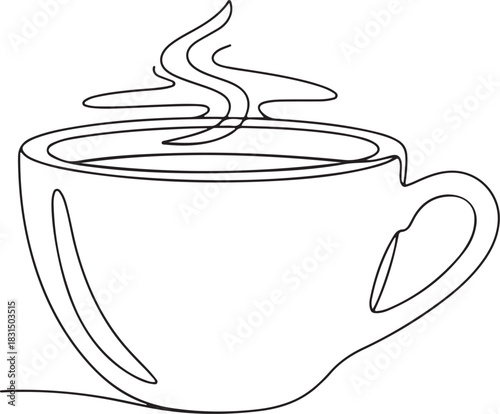 Simple line drawing of a steaming cup of coffee or tea with a handle on a white background