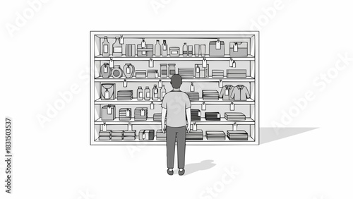 A person contemplates merchandise displayed on store shelves.