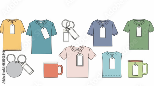 Colorful t-shirts, mugs, and keychains with price tags, ready for promotional displays.