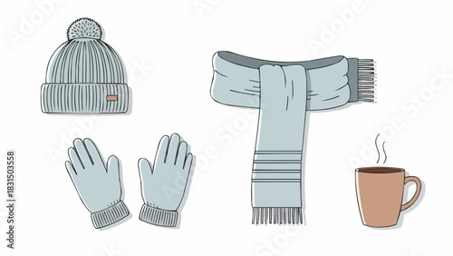 Winter essentials, showcasing hat, scarf, gloves, and a cup.