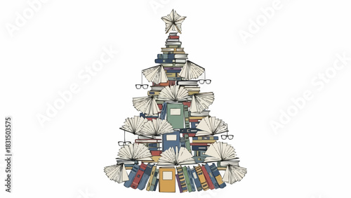 A creative Christmas tree meticulously crafted from an assortment of books, perfect for booklovers.