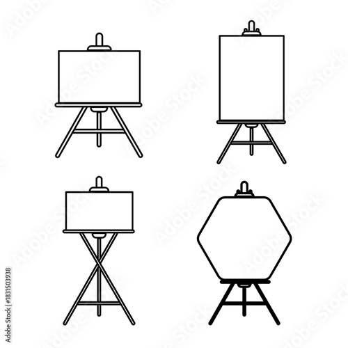 Simple easel and canvas collection in outline style. Ideal for art lessons, sketch concepts, creative tools, and studio branding elements. Great for design resources and educational visuals