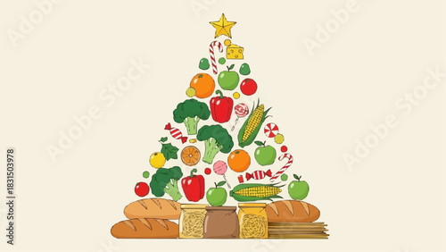 A creatively crafted festive tree, using fresh vegetables and fruits.