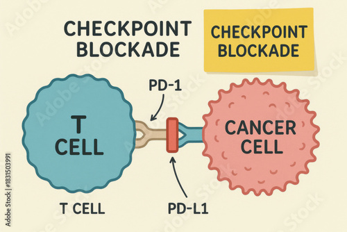 Medical infographic for oncology and immunology shows checkpoint blockade immunotherapy. diagram details T cell and cancer cell interaction with PD 1 to PD L1 pathway block