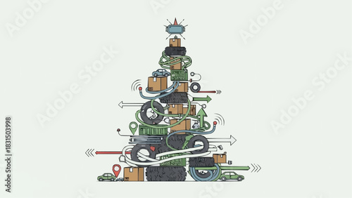 An imaginative Christmas tree illustration representing delivery, logistics, and transportation.