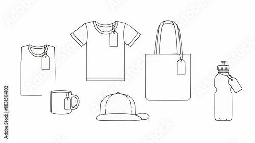 A promotional merchandise collection includes a t-shirt, tote bag, mug, water bottle, and cap with price tag.