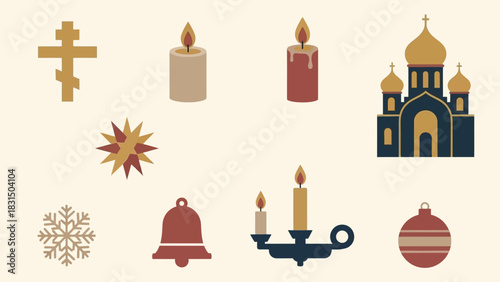 A set of flat vector icons representing Orthodox Christmas traditions and symbols.