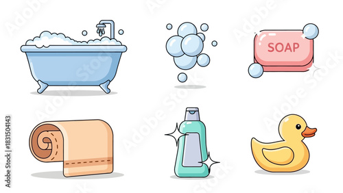 Collection of bathroom essentials, including a bathtub, soap, bubbles, towel, bottle, and rubber duck.