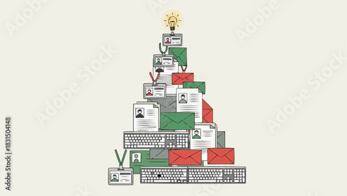 A clever Christmas tree crafted from business documents, keyboards, and office elements, symbolizing the blend of work and the holiday season.