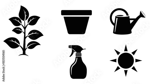 A set of five black silhouette icons for gardening and plant care, including a plant, pot, watering can, spray bottle, and sun.